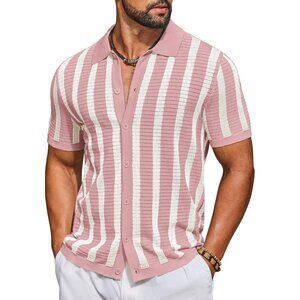 Men's Pink & Beige Knit Shirts Short Sleeve Button Shirts Striped Casual Summer